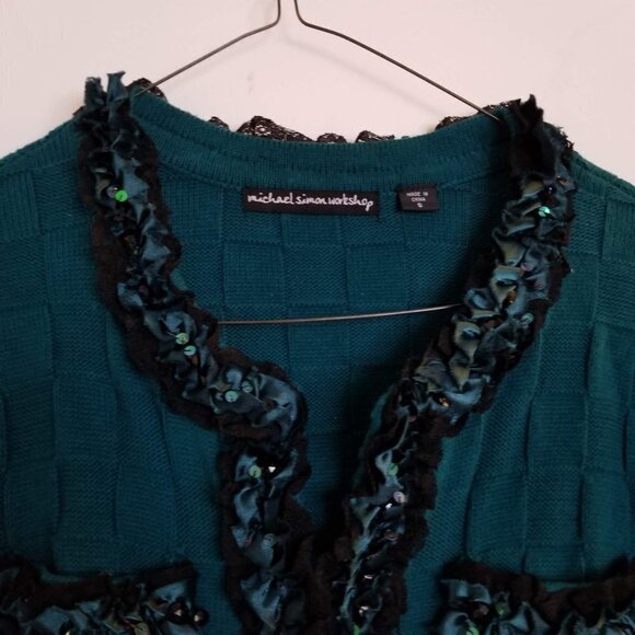 NEW Michael Simon 3D Check Pattern Beaded Cardigan - Picture 6 of 13